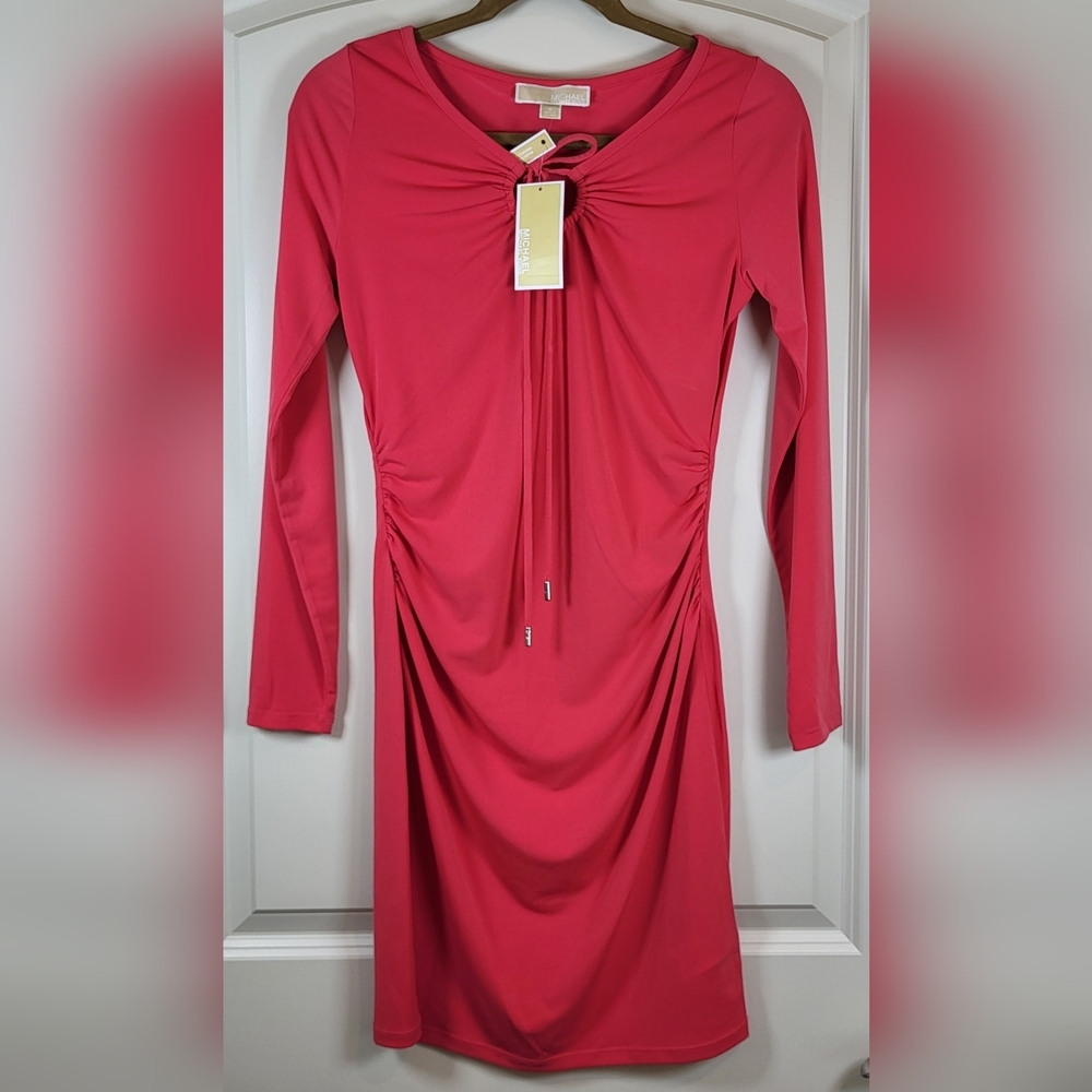 MICHAEL MICHAEL KORS Womens Coral Ruched Bodycon Dress - Size S (NWT) - Picture 2 of 11